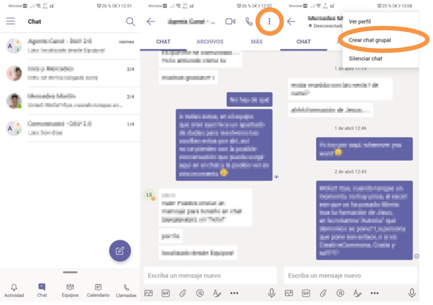 Vista de contactes a Teams, xat i opció de xat grupal