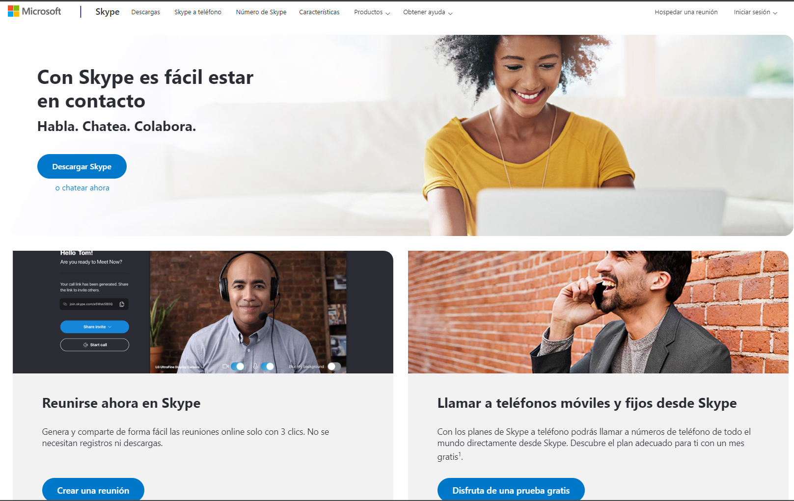 Captura de pantalla de la pàgina principal de Skype