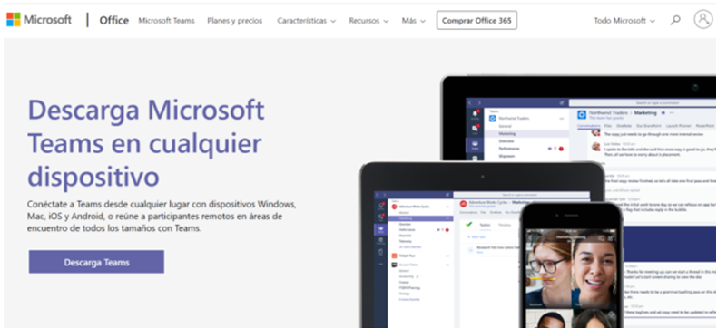 Pantalla de la web de descarga de Teams
