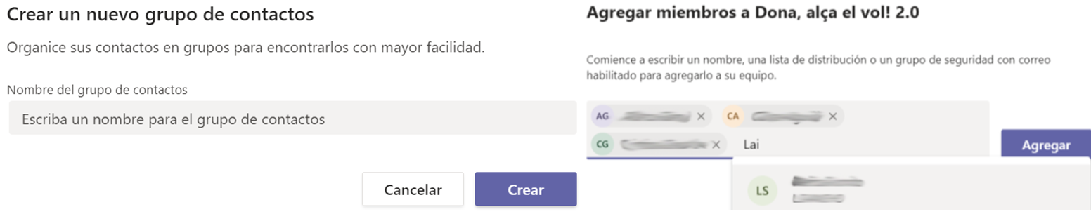 Pantallas de creación de un nuevo grupo de contactos y cómo agregarlos
